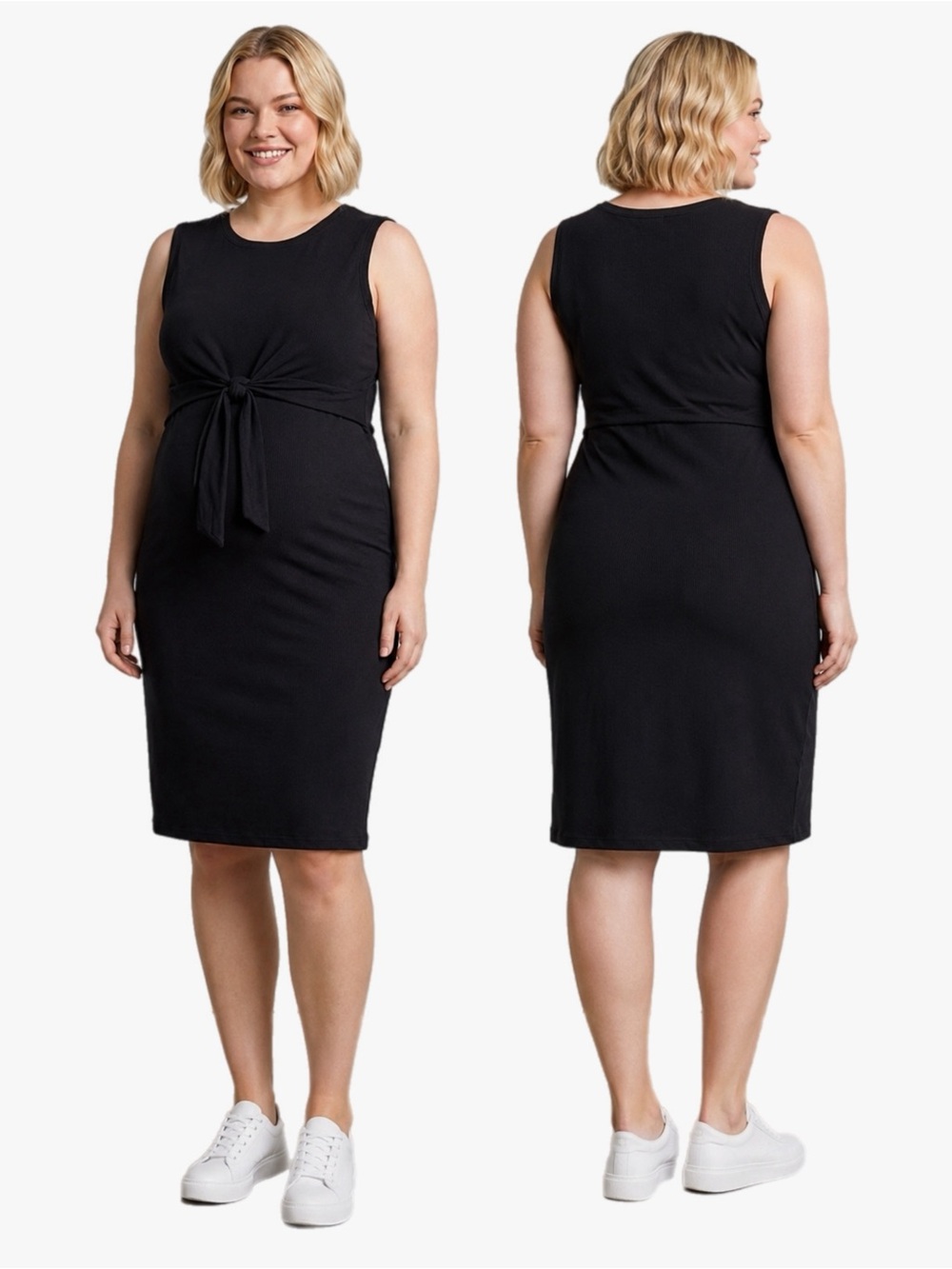 Angel Maternity Ribbed Nursing Dress Small Black Sleeveless Tie Waist Stretch